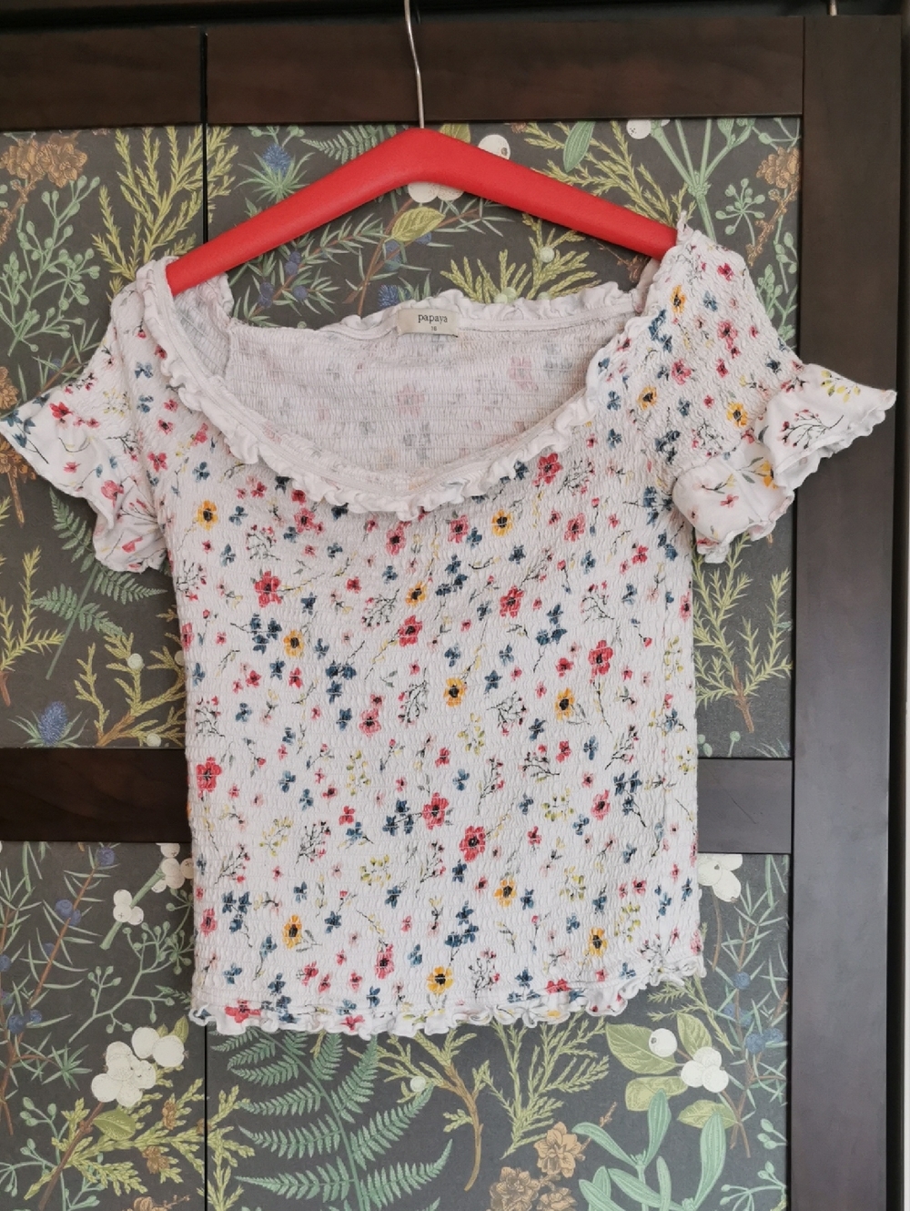 Papaya White Floral Smocked Ruffle Crop Top